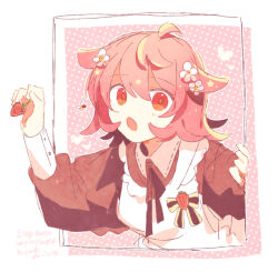 Rule 34 | 1girl, ahoge, apron, arusechika, black ribbon, border, bow, brown dress, collared dress, commentary request, cropped torso, dress, flower, food, food print, fruit, hair between eyes, hair flaps, hair flower, hair ornament, hand up, heart, highres, holding, holding food, long sleeves, looking at viewer, neck ribbon, open mouth, original, pink background, pink hair, pink theme, polka dot, polka dot background, puffy sleeves, red eyes, ribbon, short hair, solo, strawberry, strawberry print, white apron, white border, white flower