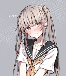 Rule 34 | 1girl, black sailor collar, blush, breasts, brown eyes, closed mouth, collarbone, crying, crying with eyes open, grey background, hair ornament, hairclip, head tilt, highres, light brown hair, long hair, looking to the side, neckerchief, original, sailor collar, shirt, short sleeves, sidelocks, small breasts, takanashi kei (hitsujikan), tears, twintails, upper body, v-shaped eyebrows, white shirt, yellow neckerchief