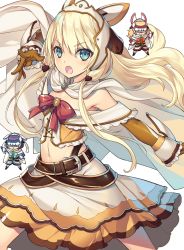 Rule 34 | 3girls, :o, alice corner, arm up, belt, belt buckle, blonde hair, blue eyes, blush, boots, bow, buckle, cape, chibi, flat chest, gloves, hair between eyes, headgear, highres, kenja no mago, kikuchi seiji, long hair, looking at viewer, lynn hughes, may von earlshide, midriff, multiple girls, navel, official art, open mouth, outstretched arm, purple hair, ribbon, simple background, skirt, spoilers, teeth, upper teeth only, white background