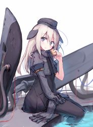 Rule 34 | 1girl, beize (garbage), black gloves, black pantyhose, blonde hair, blue eyes, cowboy shot, cropped jacket, eating, elbow gloves, food, garrison cap, gloves, unworn gloves, hat, holding, holding food, kantai collection, long hair, looking at viewer, military, military uniform, pantyhose, puffy sleeves, simple background, sitting, solo, u-511 (kancolle), uniform, wading, white background