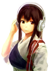 Rule 34 | 10s, 1girl, akagi (kancolle), akg, akg k-series headphones, bad id, bad pixiv id, blush, brown eyes, brown hair, earphones, genso, headphones, japanese clothes, kantai collection, lips, long hair, muneate, personification, smile, solo