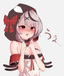 Rule 34 | 1girl, absurdres, bare shoulders, black hair, blush, bow, breasts, chessy, cleavage, hair ornament, hands up, highres, hololive, hood, hood up, looking away, medium breasts, multicolored hair, open mouth, plaid, plaid bow, red bow, red eyes, sakamata chloe, shirt, silver hair, simple background, solo, streaked hair, translation request, upper body, virtual youtuber, white background, white shirt, x hair ornament