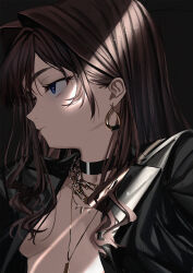 Rule 34 | 1girl, black background, black jacket, blue eyes, breasts, brown hair, chain, chain necklace, choker, earrings, elisia valfelto, expressionless, hair intakes, highres, jacket, jewelry, light, light particles, long hair, luicent, naked jacket, necklace, original, simple background, sketch, small breasts, solo
