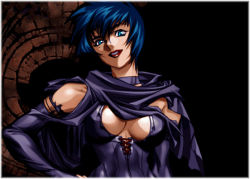 Rule 34 | 1girl, blue eyes, blue hair, brandish (video game), brandish 4, brandish vt, breasts, cape, center opening, choker, cleavage, cleavage cutout, clothing cutout, elbow gloves, falcom, gloves, hand on own hip, large breasts, lipstick, lowres, makeup, medium breasts, mermelada, red lips, short hair, solo, upper body