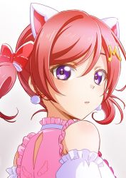 Rule 34 | 1girl, animal ears, artist name, artist request, bare shoulders, blush, bow, breasts, cat ears, collarbone, dress, earrings, female focus, from behind, hair between eyes, hair bow, hair ornament, jewelry, looking at viewer, looking back, love live!, love live! school idol project, nishikino maki, parted lips, pink dress, pom pom (clothes), pom pom earrings, puffy short sleeves, puffy sleeves, purple eyes, red bow, red hair, short hair, short sleeves, smile, solo, twintails, upper body