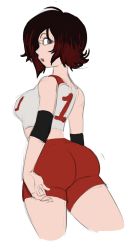 Rule 34 | 1girl, ass, bare shoulders, black hair, elbow pads, grey eyes, gym shorts, highres, huge ass, ruby rose, rwby, short hair, shorts, solo, thighs, toshkarts, white background