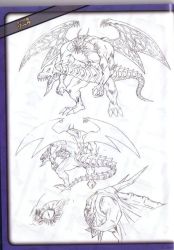Rule 34 | 1boy, character sheet, claws, concept art, demon, fangs, horns, male focus, monochrome, no humans, standing, tail, wings, yu-gi-oh!, zorc necrophades