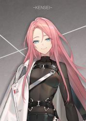 Rule 34 | 1girl, blue eyes, closed mouth, coat, coat on shoulders, collarbone, covered collarbone, cropped, english text, eyes visible through hair, long hair, off-shoulder coat, off shoulder, original, pink hair, shirousagi uyu, smile, solo, turtleneck, white coat