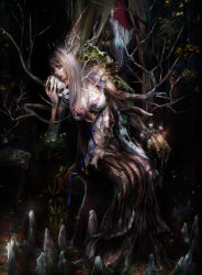 Rule 34 | 1girl, bad id, bad pixiv id, blue ribbon, breasts, cleavage, dryad, fantasy, forest, highres, holding, long hair, looking to the side, nature, original, realistic, ribbon, sitting, skull, solo, spirit, tomoe (10moet), tree, white hair