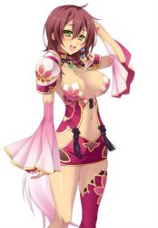 Rule 34 | 1girl, arm behind head, blush, breasts, brown hair, cleavage, dark skin, dark-skinned female, dress, elbow gloves, female focus, gloves, green eyes, hikage eiji, katagiri hinata, koihime musou, large breasts, long hair, long sleeves, no bra, open mouth, revealing clothes, short dress, shoulder pads, simple background, smile, solo, taishiji, white background
