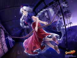 Rule 34 | 1girl, architecture, arrow (projectile), blue eyes, blue hat, bow (weapon), braid, braided ponytail, collared dress, constellation, copyright name, cross, danmaku!!, door, dress, dutch angle, east asian architecture, full moon, hat, highres, holding, holding bow (weapon), holding weapon, imperishable night, indoors, isakysaku, japanese house, long hair, moon, night, night sky, nurse cap, parted bangs, puffy short sleeves, puffy sleeves, red cross, short sleeves, silver hair, single braid, skirt, skirt set, sky, sliding doors, smile, solo, star (sky), starry sky, touhou, trigram, very long hair, watermark, weapon, wooden floor, yagokoro eirin