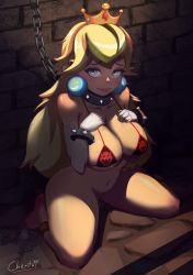 Rule 34 | 1girl, absurdres, artist name, bare shoulders, barefoot, bikini, black bikini, black collar, blonde hair, blue eyes, bottomless, bracelet, breast suppress, breasts, brick wall, chain, chentai, cleavage, closed mouth, collar, collarbone, crown, cuffs, dungeon, earrings, elbow gloves, full body, furrowed brow, gloves, groin, half-closed eyes, hands up, highres, jewelry, kneeling, large breasts, lips, long hair, looking away, mario (series), navel, nintendo, nipple chain, nipple piercing, piercing, pink lips, princess peach, print bikini, red bikini, shackles, shiny skin, slave, solo, spiked bracelet, spiked collar, spikes, stomach, super mario bros. 1, sweat, swimsuit, thighs, white gloves, worried