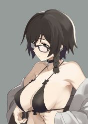 Rule 34 | 1girl, adjusting clothes, adjusting swimsuit, armpits, bare shoulders, bikini, black-framed eyewear, black bikini, black hair, braid, breasts, brown eyes, cleavage, closed mouth, collarbone, commentary request, earclip, expressionless, glasses, grey background, highres, long sleeves, looking away, medium breasts, mole, mole under eye, ningen (ningen96), off shoulder, open clothes, original, short hair, side braid, simple background, solo, swimsuit, upper body