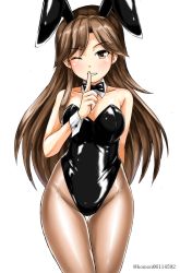 Rule 34 | 1girl, animal ears, arashio (kancolle), black bow, black bowtie, black leotard, bow, bowtie, breasts, brown eyes, brown hair, brown pantyhose, cleavage, commentary request, cowboy shot, detached collar, fake animal ears, finger to mouth, hand on own hip, kantai collection, kudou (ooabareteng), leotard, long hair, looking at viewer, medium breasts, one-hour drawing challenge, one eye closed, pantyhose, parted lips, playboy bunny, rabbit ears, solo, standing, strapless, strapless leotard, thigh gap, twitter username, white background, wrist cuffs