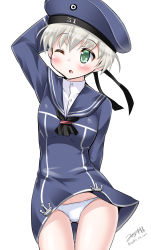 Rule 34 | 10s, 1girl, aqua eyes, arm behind back, arm behind head, beret, clothes lift, clothes writing, dress, dress lift, hat, kantai collection, long sleeves, looking to the side, military, military uniform, one eye closed, open mouth, panties, pantyshot, sailor collar, sailor dress, sailor hat, short hair, silver hair, simple background, solo, standing, underwear, uniform, yuuki hb, z1 leberecht maass (kancolle)