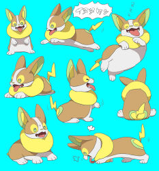 Rule 34 | animal focus, closed eyes, commentary request, creatures (company), dog, fangs, game freak, gen 8 pokemon, green background, green eyes, highres, lying, miyawaki, multiple views, nintendo, no humans, on stomach, pokemon, pokemon (creature), sitting, sleeping, tongue, tongue out, yamper, zzz