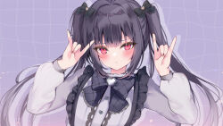 Rule 34 | 1girl, \m/, black bow, black hair, blush, bow, center frills, closed mouth, commentary request, double \m/, frills, grey shirt, hair bow, hair ornament, hands up, heart, heart hair ornament, long hair, long sleeves, looking at viewer, original, pon (ponidrop), puffy long sleeves, puffy sleeves, purple background, red eyes, shirt, solo, twintails, upper body, very long hair