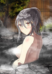 Rule 34 | 10s, 1girl, black hair, blush, brown eyes, censored nipples, convenient censoring, hair ornament, hairclip, haruna (kancolle), highres, kantai collection, long hair, looking at viewer, nude, ogcmaster, onsen, partially submerged, ponytail, solo, steam, steam censor