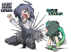 Rule 34 | 10s, 2girls, animal ears, antenna hair, arm support, bare arms, bare shoulders, black footwear, black hair, black legwear, blue eyes, character name, clenched hands, crested porcupine (kemono friends), detached hood, eye contact, fang, fingerless gloves, fingernails, gloves, green hair, grey hair, hands up, hood, hood up, kemono friends, long hair, long sleeves, looking at another, medium hair, multicolored hair, multiple girls, open mouth, panther chameleon (kemono friends), pantyhose, ponytail, porcupine ears, red eyes, sailor collar, shirt, shoes, simple background, skirt, sleeveless, sleeveless shirt, smile, spikes, squatting, surprised, sweatdrop, sweater, two-tone hair, white background, ysk!