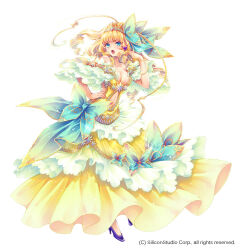 Rule 34 | 1girl, :o, aqua bow, aqua eyes, blonde hair, bow, breasts, butterfly earrings, choppy bangs, cleavage, clothing cutout, collarbone, commentary request, company name, copyright notice, dress, dress bow, drill hair, drill sidelocks, earrings, floral print, full body, gown, gyakushuu no fantasica, hair bow, hand in own hair, hand on own hip, high heels, jewelry, large bow, long hair, looking at viewer, low neckline, medium breasts, navel, navel cutout, nishiwaki yuuri, off-shoulder dress, off shoulder, official art, open mouth, purple footwear, ringlets, sideless outfit, sidelocks, simple background, solo, sparkle, standing, tiara, v-shaped eyebrows, white background, wide ponytail, yellow dress