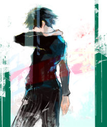 Rule 34 | 1boy, absurdres, arm at side, black pants, black shirt, cowboy shot, from side, green background, hand on own neck, highres, kaneki ken, kyuuba melo, long sleeves, male focus, messy hair, pants, shirt, short hair, solo, striped clothes, striped pants, tokyo ghoul, tokyo ghoul:re, white background