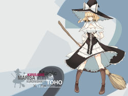 Rule 34 | 1girl, alternate costume, blonde hair, boots, broom, cleavage cutout, clothing cutout, dress, female focus, hat, highres, kirisame marisa, petticoat, short hair, smile, solo, takaharu, touhou, wallpaper, witch, witch hat, wrist cuffs, yellow eyes