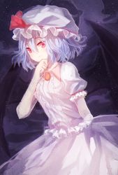 Rule 34 | 1girl, black wings, blue hair, dress, hat, highres, looking at viewer, red eyes, remilia scarlet, short hair, smile, solo, touhou, white dress, wings, you hashira