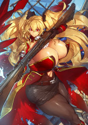 Rule 34 | 1girl, anne bonny (fate), ascot, bare shoulders, belt, black ribbon, black skirt, blonde hair, breasts, brown gloves, brown pantyhose, cleavage, closed mouth, coat, commentary request, detached sleeves, fate/grand order, fate (series), gloves, gun, hair between eyes, hair ribbon, highres, huge breasts, long hair, low neckline, melon22, navel, pantyhose, pencil skirt, red coat, red eyes, ribbon, rifle, skirt, skull and crossbones, solo, thick thighs, thighs, very long hair, weapon