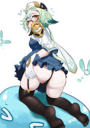 Rule 34 | 1girl, animal ears, aqua hair, ass, blush, breasts, cameltoe, cleft of venus, dress, embarrassed, from behind, garter straps, genshin impact, glasses, gloves, green hair, hat, highres, long hair, looking at viewer, looking back, low ponytail, monster, multicolored hair, rever, shiny skin, short dress, sideboob, skirt, slime, sucrose (genshin impact), thighhighs, thong, two-tone hair, very long hair