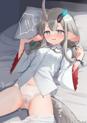Rule 34 | 1girl, @ @, animal ears, aqua eyes, bed, bed sheet, black skirt, blue eyes, blush, borrowed character, bow, bow panties, breasts, clothes pull, commission, grey hair, highres, horns, jewelry, layered sleeves, long hair, long sleeves, looking at viewer, lying, no pants, on back, on bed, open mouth, original, panties, pantyhose, pantyhose around one leg, pantyhose pull, parted lips, pillow, pointy ears, pussy juice, ribbon, sese nagi, shirt, skeb commission, skirt, small breasts, solo, tail, thick eyebrows, twintails, underwear, wet, wet clothes, wet panties, white hair, white panties, white pantyhose, white shirt, wide sleeves, wristband