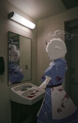 Rule 34 | 1girl, absurdres, bathroom, blood, blood on clothes, blood on face, blood on hands, blue archive, blue dress, braid, breasts, dress, faucet, gloves, grey hair, hair between eyes, halo, highres, horns, indoors, large breasts, lights, mask, mask pull, mirror, mouth mask, plentyofempty, sena (blue archive), short hair, short sleeves, sink, soap dispenser, surgical mask, white hair, yellow eyes