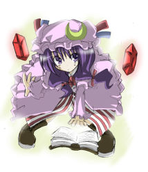 Rule 34 | 1girl, book, crescent, female focus, frills, grimoire, hat, long hair, long sleeves, looking at viewer, miwa maku, mob cap, open book, paper, patchouli knowledge, purple eyes, purple hair, simple background, solo, touhou, very long hair, white background
