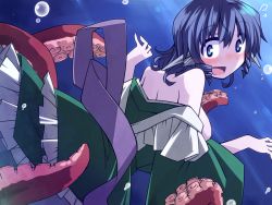 Rule 34 | 1girl, blue eyes, blue hair, blush, fins, head fins, hemogurobin a1c, japanese clothes, kimono, kimono pull, mermaid, monster girl, off shoulder, open clothes, open kimono, open mouth, solo, tentacles, touhou, underwater, wakasagihime, wide sleeves