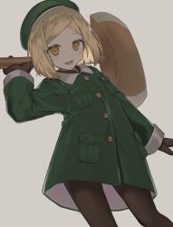 Rule 34 | 1girl, axe, bad id, bad pixiv id, beige background, beret, black pantyhose, blonde hair, blush, brown gloves, commentary request, fate/grand order, fate (series), gloves, green hat, green jacket, hat, highres, holding, holding axe, jacket, long sleeves, looking at viewer, open mouth, pantyhose, parted bangs, paul bunyan (fate), short hair, simple background, smile, solo, tadaomi (amomom), yellow eyes
