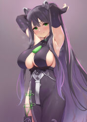 Rule 34 | 1girl, absurdres, ajoe (hakuha k), animal ears, armpits, arms up, black dress, black gloves, black hair, blue archive, blush, breasts, cleavage, closed mouth, cowboy shot, dress, elbow gloves, gloves, green eyes, hair ornament, highres, large breasts, long hair, looking at viewer, shun (blue archive), sideboob, smile, solo, tassel