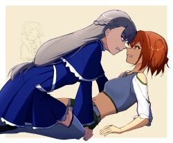 Rule 34 | 3girls, :3, = =, absurdres, blue capelet, blue dress, blue eyes, braid, breasts, brown hair, capelet, clenched teeth, clothing cutout, commentary, dress, english commentary, eye contact, forehead-to-forehead, french braid, frieren, frown, fukaikiri, glaring, grey hair, grey shorts, grey thighhighs, heads together, highres, kanne (sousou no frieren), lawine (sousou no frieren), long hair, looking at another, midriff, multiple girls, navel, noses touching, orange hair, pointy ears, shirt, shorts, shoulder cutout, small breasts, sousou no frieren, straddling, teeth, thighhighs, twintails, two side up, white shirt, yellow background, yuri