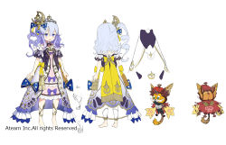 Rule 34 | anklet, arms at sides, barefoot, blue bow, bow, character sheet, crown, dress, gaou (umaiyo puyoman), hair bow, hair ornament, jewelry, long hair, looking at viewer, mani (valkyrie connect), multiple views, official art, one side up, purple dress, purple eyes, purple hair, saliva, saliva trail, short sleeves, standing, stuffed animal, stuffed toy, tiara, valkyrie connect, watermark
