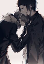 Rule 34 | 2boys, akat42273008, akutagawa ryuunosuke (bungou stray dogs), bungou stray dogs, closed mouth, collared shirt, cowboy shot, crying, fur-trimmed jacket, fur trim, gloves, greyscale, hands on another&#039;s chest, highres, jacket, male focus, monochrome, multicolored hair, multiple boys, nakajima atsushi (bungou stray dogs), necktie, profile, shirt, short hair, simple background, standing, two-tone hair