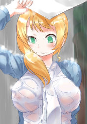 Rule 34 | 1girl, absurdres, blonde hair, blush, breasts, covered erect nipples, ellen baker, green eyes, highres, large breasts, long hair, new horizon, nipples, o o, rain, see-through, shizuoxing kof, solo, upper body, wet, wet clothes
