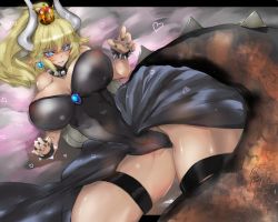 Rule 34 | 1girl, bare shoulders, bed sheet, blonde hair, blue eyes, bowsette, bracelet, breasts, collar, crown, earrings, gond, huge breasts, impossible clothes, jewelry, long hair, mario (series), nail polish, new super mario bros. u deluxe, nintendo, pointy ears, ponytail, solo, spiked bracelet, spiked collar, spikes, super crown, tail, thighs