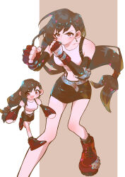 Rule 34 | 1girl, :d, absurdres, bare legs, bare shoulders, belt, black hair, black skirt, black sleeves, black socks, breasts, chibi, chibi inset, clenched hands, closed mouth, commentary request, crop top, detached sleeves, elbow pads, fighting stance, final fantasy, final fantasy vii, gloves, hair behind ear, highres, large breasts, long hair, looking at viewer, low-tied long hair, midriff, miniskirt, multiple views, navel, open mouth, partial commentary, raion., red eyes, red footwear, red gloves, running, serious, single elbow pad, single sidelock, skirt, smile, socks, suspender skirt, suspenders, tank top, tifa lockhart, very long hair, white tank top