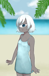 Rule 34 | 1girl, :d, bare arms, bare shoulders, blue dress, blue eyes, blurry, blurry background, cowboy shot, cyclops, dark skin, dark-skinned female, depth of field, dress, highres, kuronyankokko, looking at viewer, one-eyed, open mouth, original, palm tree, parted lips, sleeveless, sleeveless dress, smile, solo, standing, tree, white hair