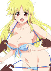 Rule 34 | 1girl, assisted exposure, azumaya hironaru, bikini, bikini pull, blonde hair, blue bikini, blush, breasts, cleavage, clothes pull, embarrassed, fate testarossa, large breasts, long hair, looking at viewer, lyrical nanoha, mahou shoujo lyrical nanoha strikers, navel, one-piece swimsuit pull, pulling, pulling another&#039;s clothes, red eyes, shiny skin, simple background, solo focus, standing, swimsuit, undressing, white background