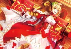 Rule 34 | 10s, 1girl, :d, ahoge, blonde hair, blurry, blush, breasts, cleavage, column, corset, curtains, depth of field, dutch angle, epaulettes, fate/extra, fate/extra ccc, fate/grand order, fate (series), fingerless gloves, fuyuki (neigedhiver), gloves, green eyes, hair intakes, head wreath, highres, holding, holding sword, holding weapon, lens flare, nero claudius (fate), nero claudius (fate), nero claudius (fate/extra), open mouth, outstretched arm, petals, pillar, railing, red gloves, skirt, smile, solo, sword, weapon
