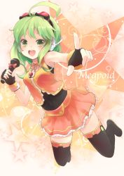 Rule 34 | 1girl, :d, ahoge, black thighhighs, goggles, goggles on head, green eyes, green hair, gumi, headphones, holding, isegawa yasutaka, looking at viewer, matching hair/eyes, microphone, open mouth, pointing, pointing at viewer, short hair, smile, solo, thighhighs, vocaloid, zettai ryouiki