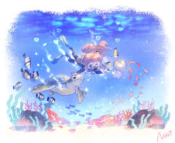 Rule 34 | &gt; o, 1girl, algae, brown eyes, bubble, cat, coral reef, diving, diving suit, fish, highres, long hair, momo (miracle nikki), nikki (miracle nikki), ocean, official art, one eye closed, open mouth, oxygen tank, pink hair, sand, shining nikki, signature, turtle, underwater, water, white cat, yellow cloak