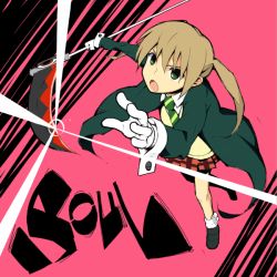 Rule 34 | 00s, 1girl, :o, black footwear, brown hair, coat, collared shirt, eddi, foreshortening, from above, full body, gloves, green eyes, holding, holding weapon, long sleeves, looking at viewer, looking up, maka albarn, miniskirt, necktie, open mouth, plaid, plaid skirt, pleated skirt, red skirt, scythe, shirt, shoes, skirt, solo, soul eater, soul evans, striped, striped necktie, sweater, twintails, weapon, white gloves, white shirt