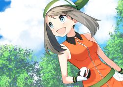 Rule 34 | 1girl, :d, arm at side, bad id, bad pixiv id, bandana, bare arms, bare shoulders, blue eyes, blush, breasts, brown hair, cloud, collared dress, collared shirt, creatures (company), day, dress, dutch angle, female focus, from below, game freak, gloves, green bandana, green bandanna, happy, highres, holding, holding poke ball, looking to the side, looking up, may (pokemon), may (pokemon emerald), medium breasts, multicolored clothes, multicolored gloves, neck, nintendo, open mouth, orange dress, orange shirt, outdoors, parted bangs, poke ball, pokemon, pokemon emerald, pokemon rse, premier ball, shirt, short hair, sleeveless, sleeveless dress, sleeveless shirt, smile, solo, swept bangs, upper body, wristband, yuihico