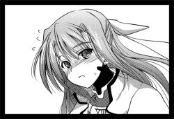 Rule 34 | 00s, 1girl, flying sweatdrops, ginga nakajima, gloves, greyscale, long hair, looking at viewer, lyrical nanoha, mahou shoujo lyrical nanoha, mahou shoujo lyrical nanoha strikers, monochrome, simple background, soba (saz), solo, very long hair, white background