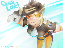 Rule 34 | absurdres, bomber jacket, brown hair, gloves, goggles, hands on own hips, highres, jacket, looking at viewer, tracer (overwatch)